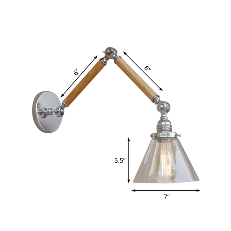 Frendorf | Cone Bedside Sconce Lichtarmatur Vintage Stil Klarglas 1 Licht Chrom Wandlampe, 8"+8"/6"+6"/8"+4" Holzarm