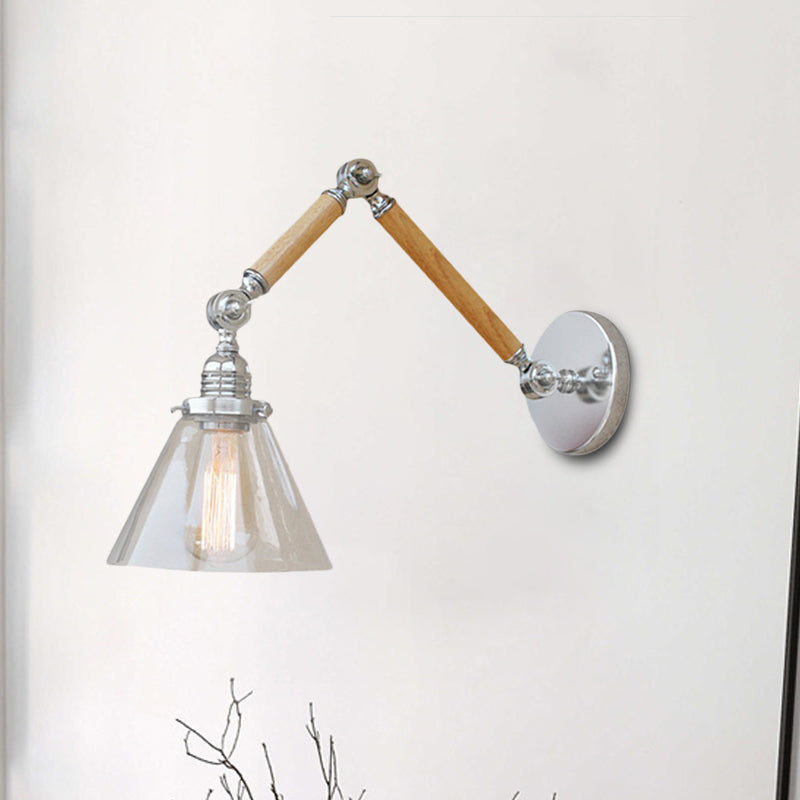 Frendorf | Cone Bedside Sconce Lichtarmatur Vintage Stil Klarglas 1 Licht Chrom Wandlampe, 8"+8"/6"+6"/8"+4" Holzarm