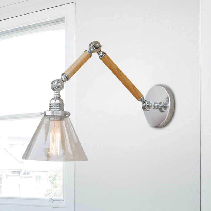 Frendorf | Cone Bedside Sconce Lichtarmatur Vintage Stil Klarglas 1 Licht Chrom Wandlampe, 8"+8"/6"+6"/8"+4" Holzarm