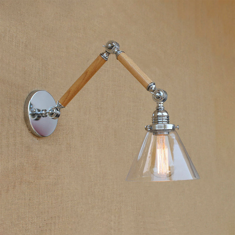 Frendorf | Cone Bedside Sconce Lichtarmatur Vintage Stil Klarglas 1 Licht Chrom Wandlampe, 8"+8"/6"+6"/8"+4" Holzarm