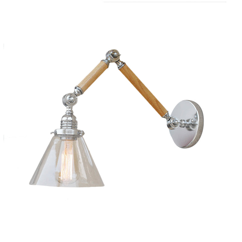 Frendorf | Cone Bedside Sconce Lichtarmatur Vintage Stil Klarglas 1 Licht Chrom Wandlampe, 8"+8"/6"+6"/8"+4" Holzarm
