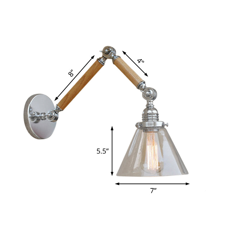 Frendorf | Cone Bedside Sconce Lichtarmatur Vintage Stil Klarglas 1 Licht Chrom Wandlampe, 8"+8"/6"+6"/8"+4" Holzarm