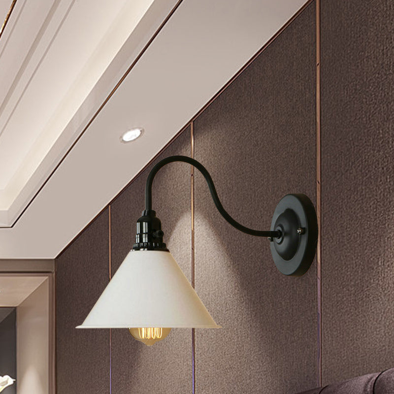 Frendorf | Kegel Schlafzimmer Wandbeleuchtung mit Schwanenhalsarm Bauernhaus Metall 1 Licht Schwarz/Weiß Wandlampe