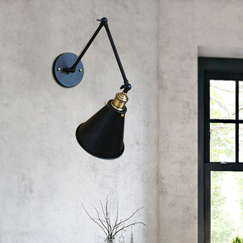 Frendorf | Swing Arm Wandverlichting voor Binnen met Conische Schaduw Retro Metaal 1 Licht Zwart Wandmontage Licht