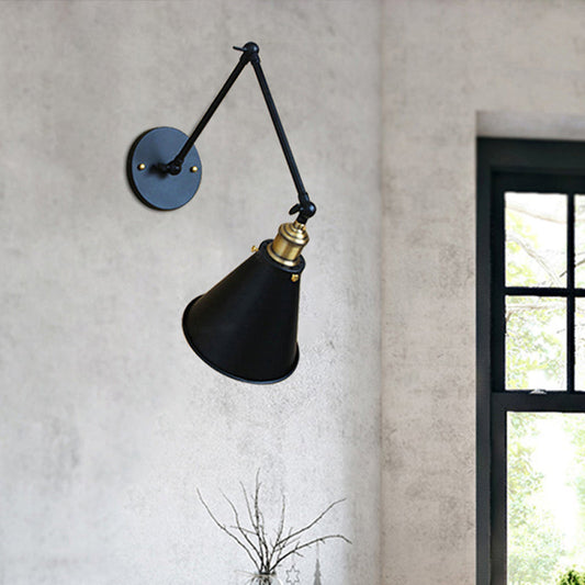 Frendorf | Swing Arm Wandverlichting voor Binnen met Conische Schaduw Retro Metaal 1 Licht Zwart Wandmontage Licht