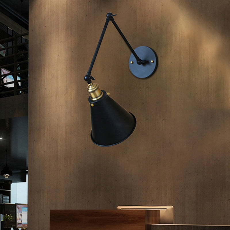 Frendorf | Swing Arm Wandverlichting voor Binnen met Conische Schaduw Retro Metaal 1 Licht Zwart Wandmontage Licht