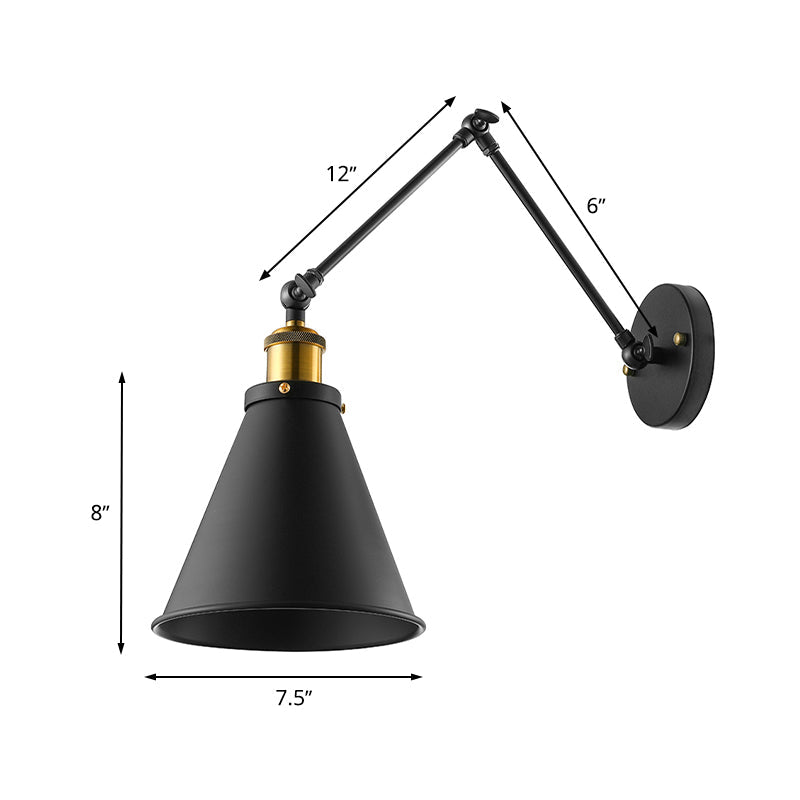 Frendorf | Swing Arm Wandverlichting voor Binnen met Conische Schaduw Retro Metaal 1 Licht Zwart Wandmontage Licht