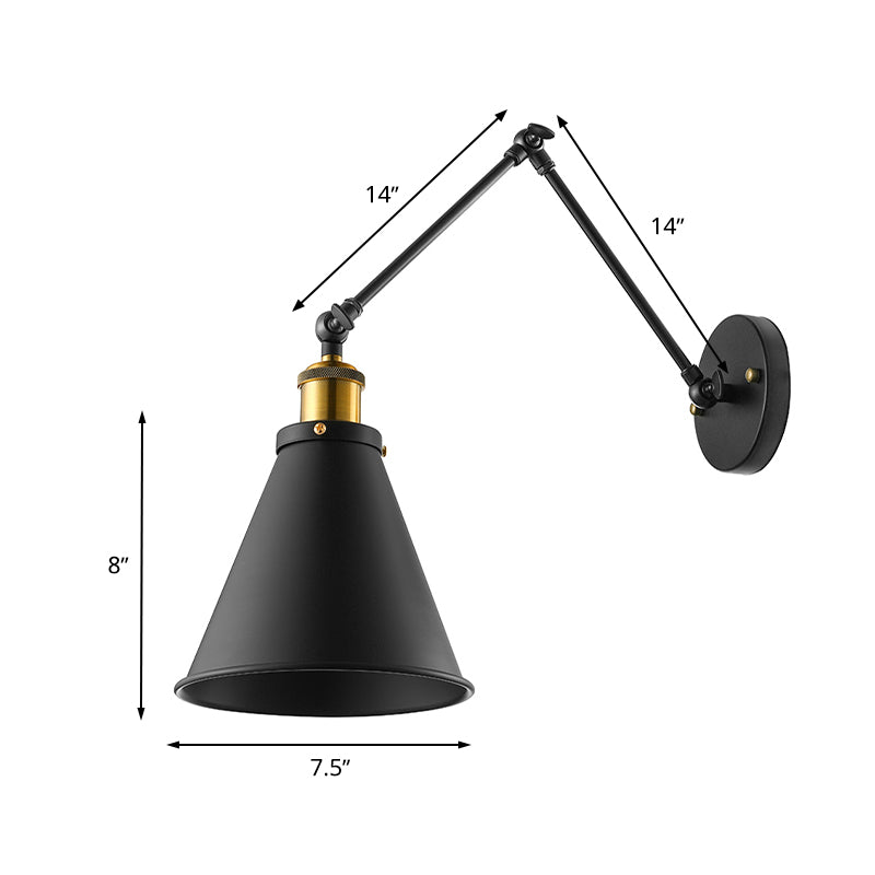 Frendorf | Swing Arm Wandverlichting voor Binnen met Conische Schaduw Retro Metaal 1 Licht Zwart Wandmontage Licht