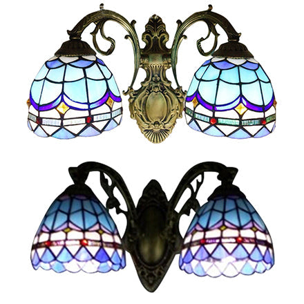 Frendorf | Barokke Dome Wandlamp met Gebogen Arm Gekleurd Glas 2 Licht Wandlamp 11"/8.5" Hoogte in Blauw voor Slaapkamer