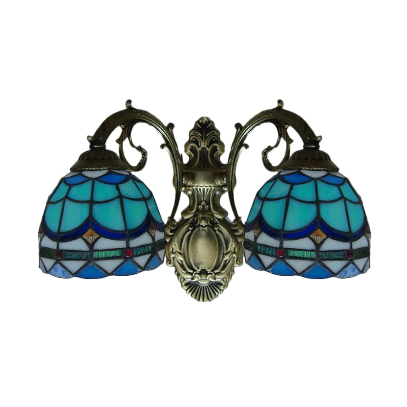 Frendorf | Barokke Dome Wandlamp met Gebogen Arm Gekleurd Glas 2 Licht Wandlamp 11"/8.5" Hoogte in Blauw voor Slaapkamer