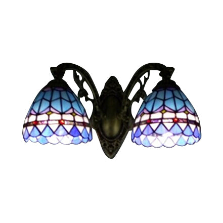 Frendorf | Barokke Dome Wandlamp met Gebogen Arm Gekleurd Glas 2 Licht Wandlamp 11"/8.5" Hoogte in Blauw voor Slaapkamer