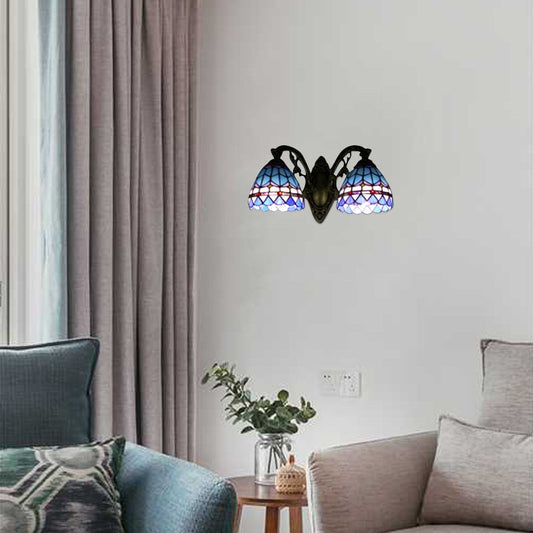 Frendorf | Barokke Dome Wandlamp met Gebogen Arm Gekleurd Glas 2 Licht Wandlamp 11"/8.5" Hoogte in Blauw voor Slaapkamer