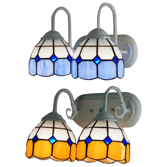 Frendorf | 2 Heads Bowl Wandlamp met Gebogen Arm Rasterglas Tiffany Stijl Vanity Verlichting in Blauw/Oranje voor Badkamer