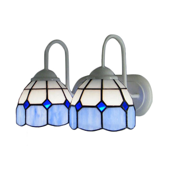 Frendorf | 2 Heads Bowl Wandlamp met Gebogen Arm Rasterglas Tiffany Stijl Vanity Verlichting in Blauw/Oranje voor Badkamer