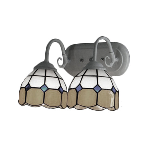 Frendorf | 2 Heads Bowl Wandlamp met Gebogen Arm Rasterglas Tiffany Stijl Vanity Verlichting in Blauw/Oranje voor Badkamer