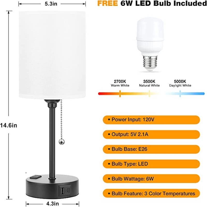 Schreibtischlampe - 3 Farben Temperatur, USB-C und USB-A Ports, Zugkordel Tischlampe mit AC Outlet