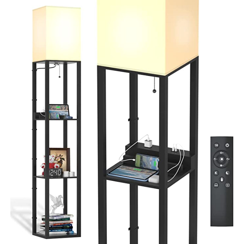 Stehlampe mit Regalen, Regal-Stehlampen aus echtem Massivholz mit 2 Ladeanschlüssen und 1 Steckdose, Stehlampen für Schlafzimmer, Lampen für das Wohnzimmer