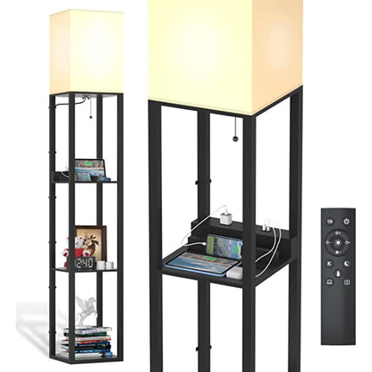 Stehlampe mit Regalen, Regal-Stehlampen aus echtem Massivholz mit 2 Ladeanschlüssen und 1 Steckdose, Stehlampen für Schlafzimmer, Lampen für das Wohnzimmer