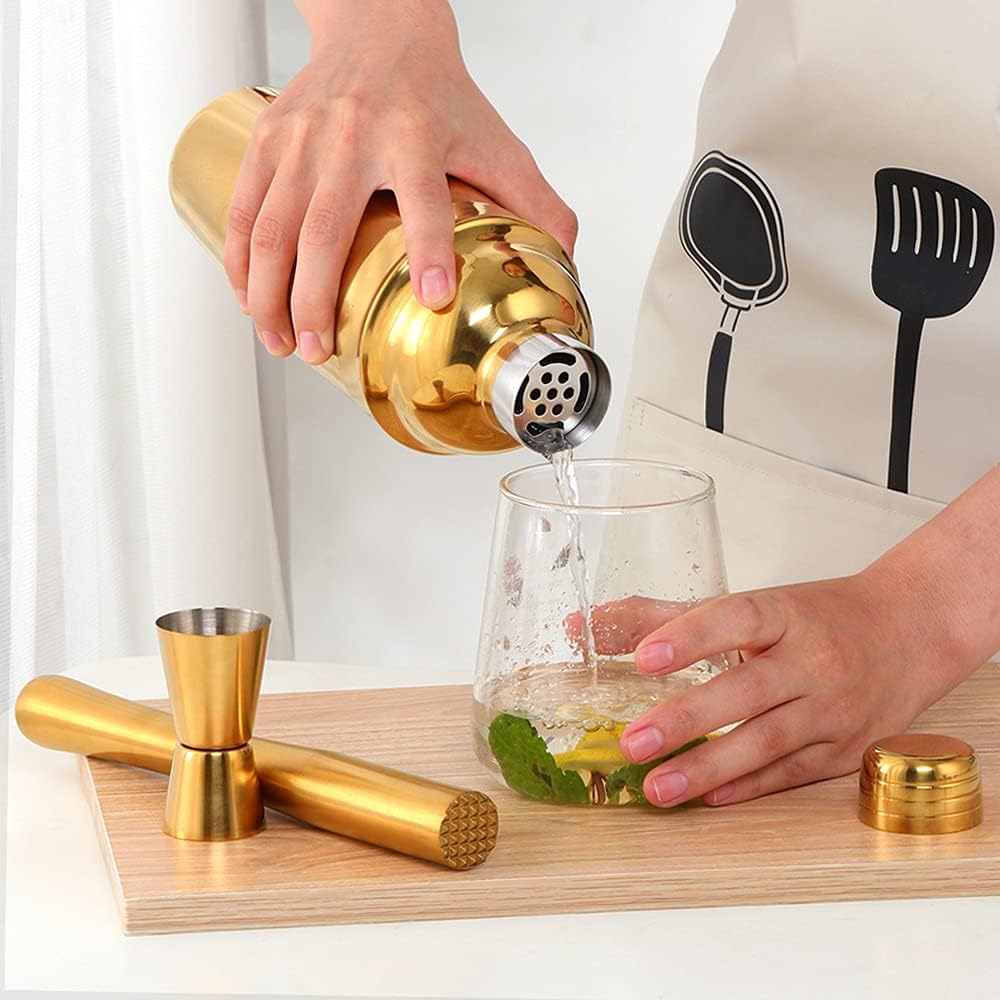 Frendorf | Gold Cocktail-Shaker 500 ml Premium Edelstahl Barkeeper Mixer für die Hausbar Professionelle Verwendung Auslaufsicheres Martini-Shaker-Set zum Mischen von Getränken Cocktails Margarita Mojito Old Fashioned