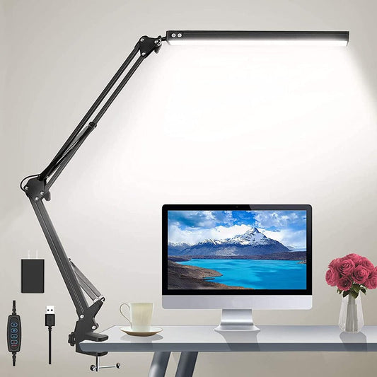LED Schreibtischlampe, Verstellbare augenschonende Schreibtischleuchte mit Klemme, Schwenkarmlampe Enthält 3 Farbmodi, 10 Helligkeitsstufen Tischlampen mit Speicherfunktion, Schreibtischlampe für Zuhause
