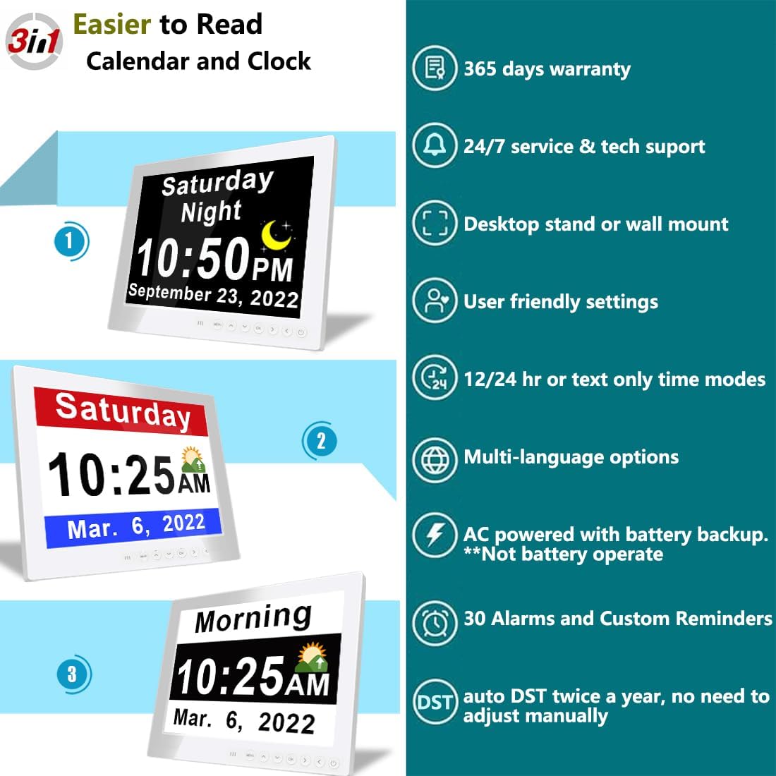 Frendorf | 11,5-Zoll Digitaler Kalender Tagesuhr mit 19 Erinnerungen – Claryon
