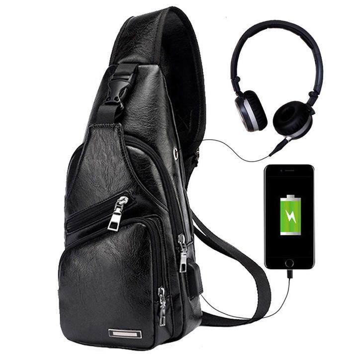 Frendorf | Große Herren Leder Tasche Brust Rucksack Wasserdichte Umhängetasche mit USB