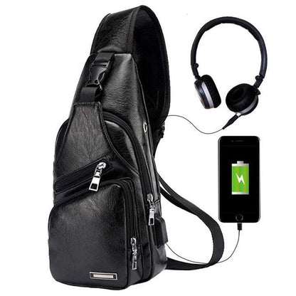 Frendorf | Große Herren Leder Tasche Brust Rucksack Wasserdichte Umhängetasche mit USB