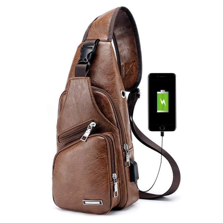 Frendorf | Große Herren Leder Tasche Brust Rucksack Wasserdichte Umhängetasche mit USB