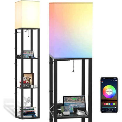 Stehlampe mit Regalen, Regal-Stehlampen aus echtem Massivholz mit 2 Ladeanschlüssen und 1 Steckdose, Stehlampen für Schlafzimmer, Lampen für das Wohnzimmer