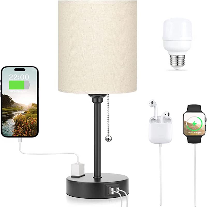 Schreibtischlampe - 3 Farben Temperatur, USB-C und USB-A Ports, Zugkordel Tischlampe mit AC Outlet