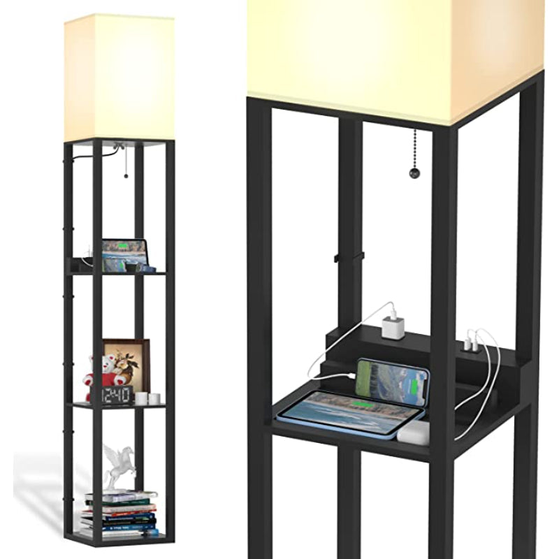 Stehlampe mit Regalen, Regal-Stehlampen aus echtem Massivholz mit 2 Ladeanschlüssen und 1 Steckdose, Stehlampen für Schlafzimmer, Lampen für das Wohnzimmer