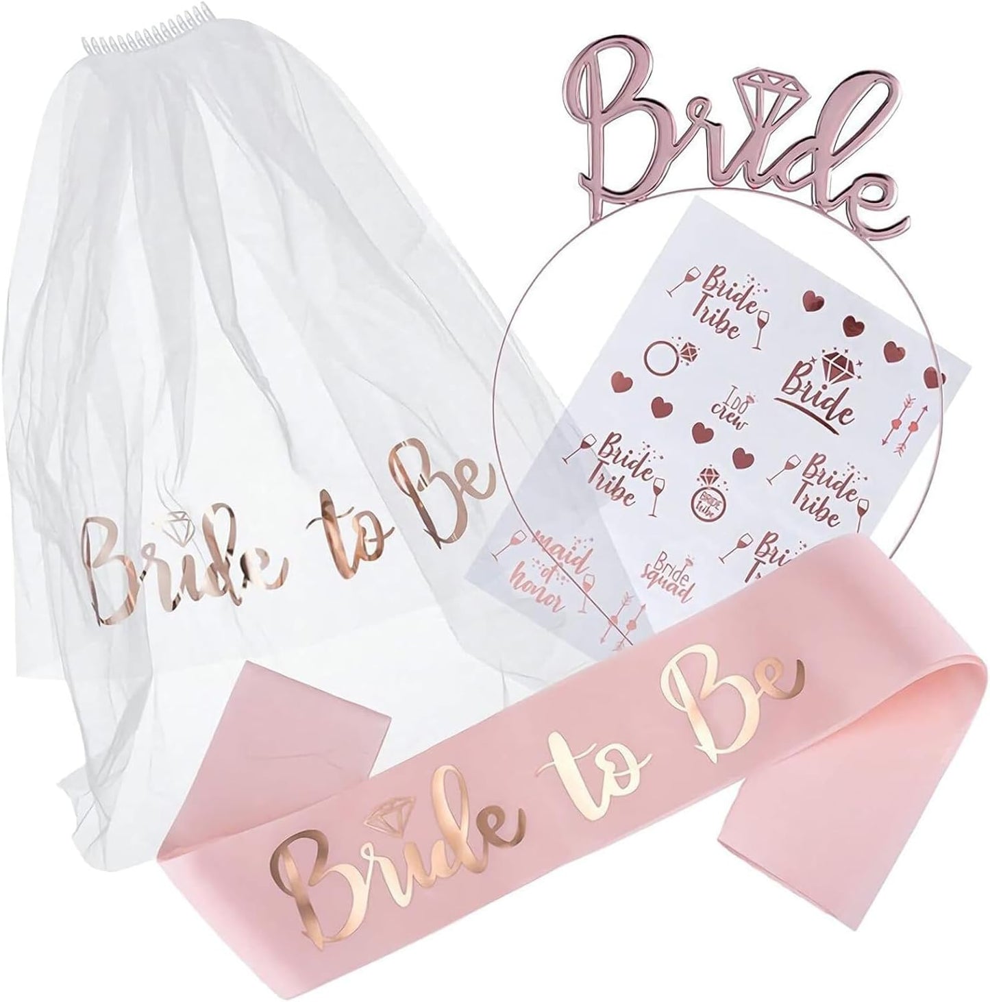 Frendorf | Rose Gold Krone, Schärpe und Schleier Set - Elegante Braut-Zu-Sein Accessoires für Junggesellenabschiede, Brautpartys und Hochzeiten - Stilvoll, Komfortabel und Perfekt zum Feiern der Braut in Stil