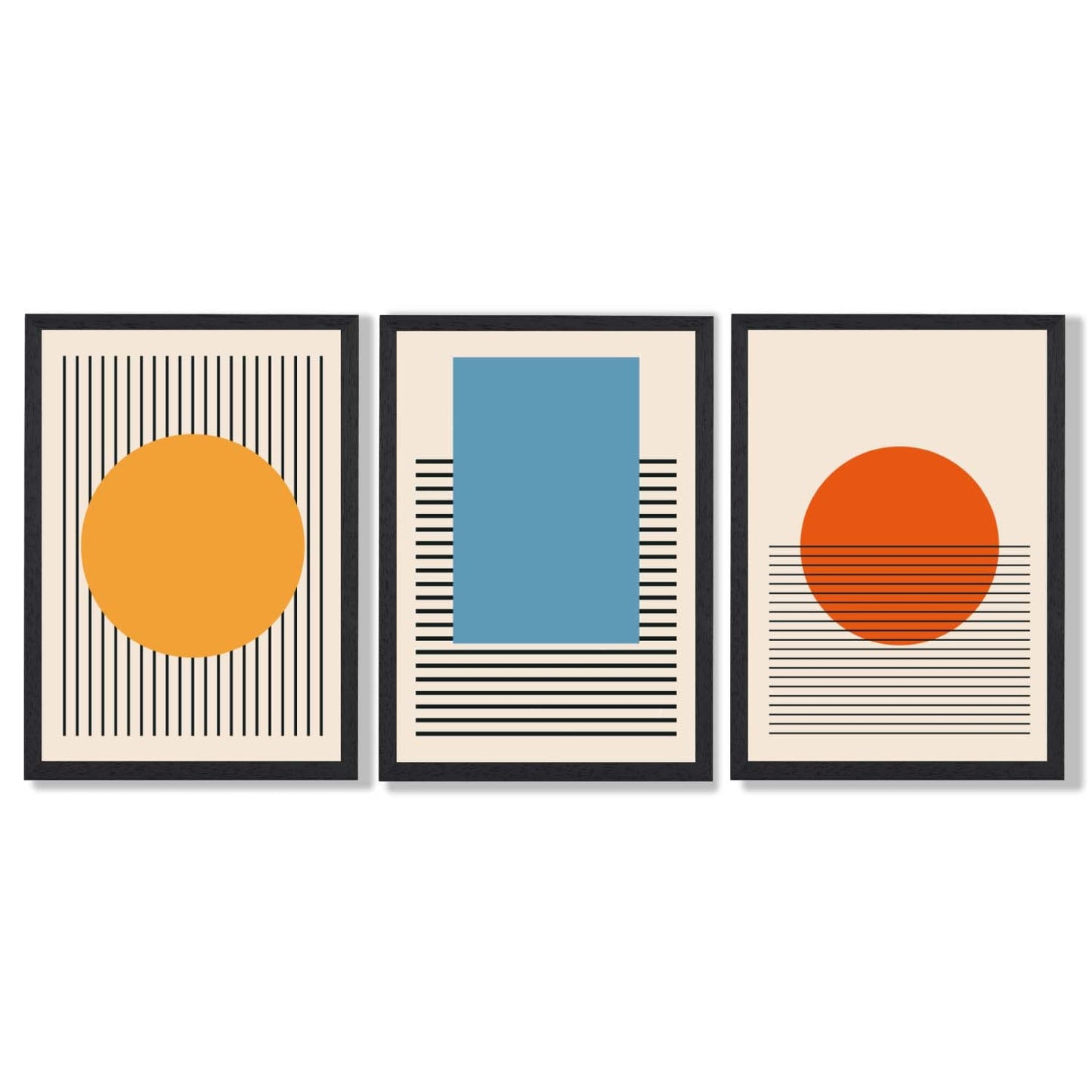 Set aus 3 geometrischen gelb-blau-roten gerahmten Kunstdrucken