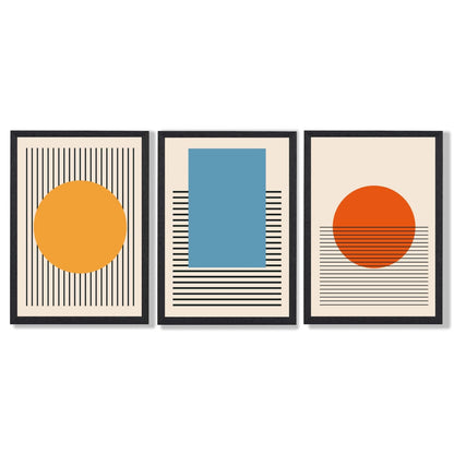 Set aus 3 geometrischen gelb-blau-roten gerahmten Kunstdrucken