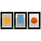 Set aus 3 geometrischen gelb-blau-roten gerahmten Kunstdrucken