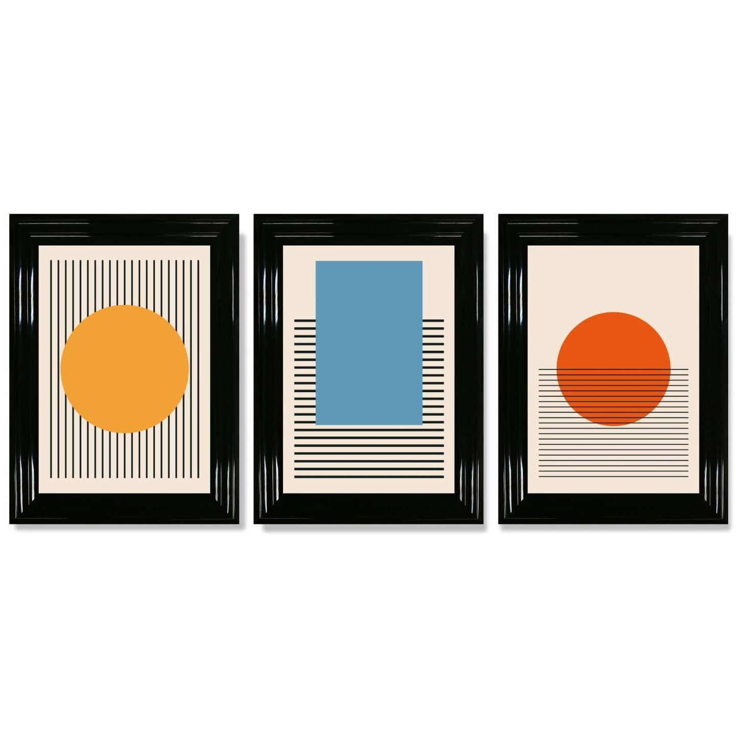Set aus 3 geometrischen gelb-blau-roten gerahmten Kunstdrucken