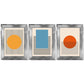 Set aus 3 geometrischen gelb-blau-roten gerahmten Kunstdrucken