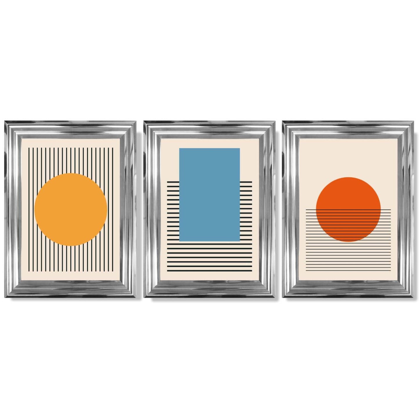 Set aus 3 geometrischen gelb-blau-roten gerahmten Kunstdrucken