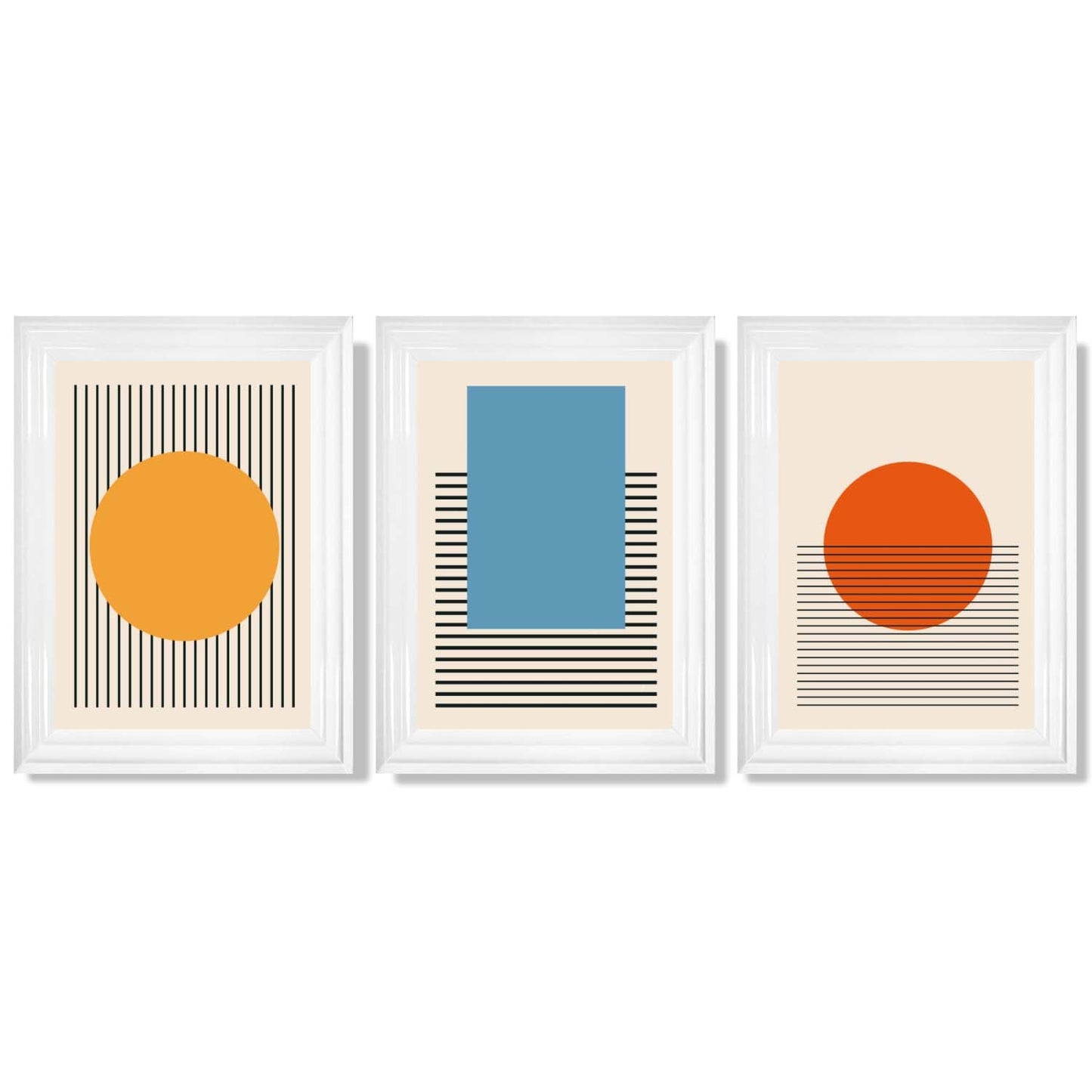Set aus 3 geometrischen gelb-blau-roten gerahmten Kunstdrucken