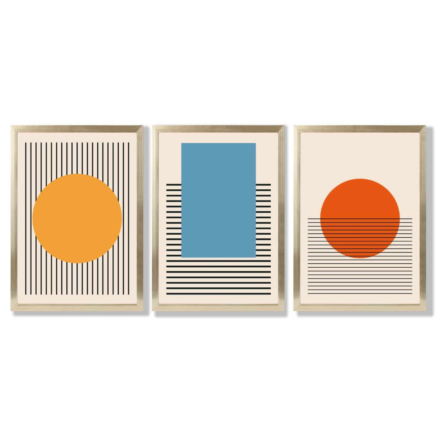 Set aus 3 geometrischen gelb-blau-roten gerahmten Kunstdrucken