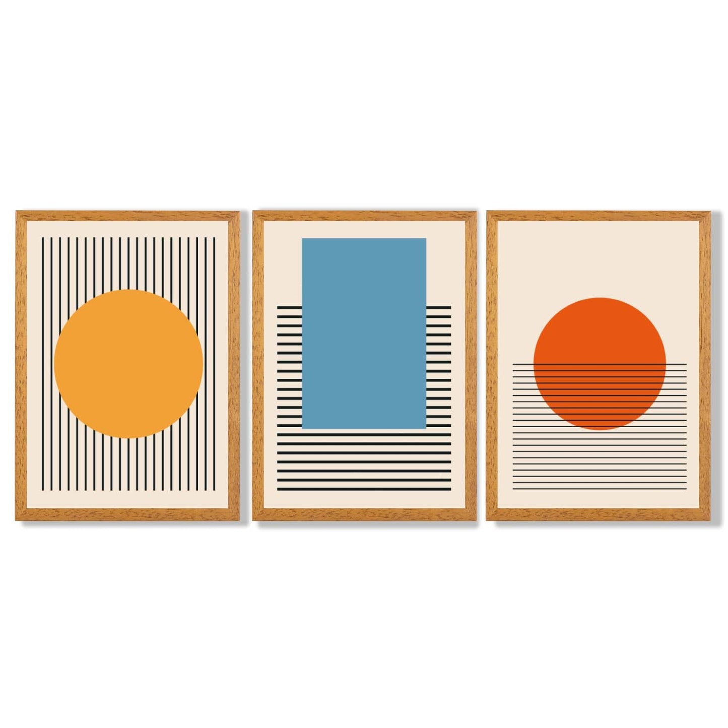 Set aus 3 geometrischen gelb-blau-roten gerahmten Kunstdrucken