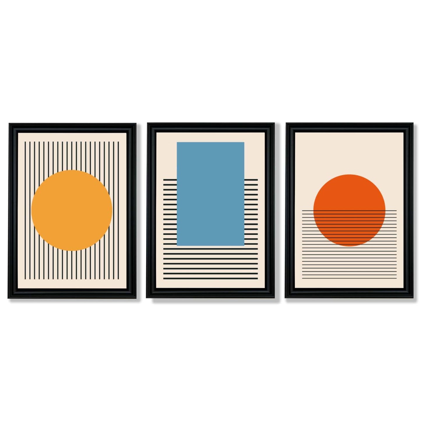 Set aus 3 geometrischen gelb-blau-roten gerahmten Kunstdrucken