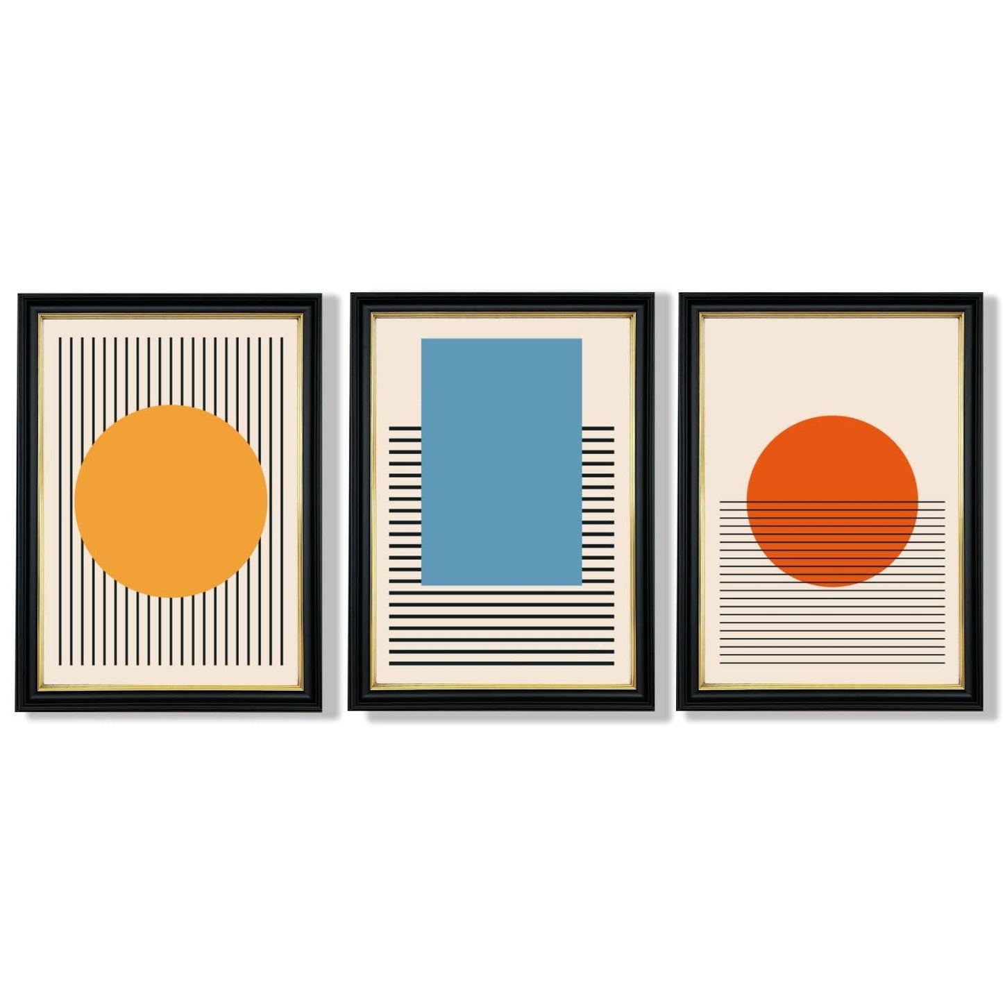 Set aus 3 geometrischen gelb-blau-roten gerahmten Kunstdrucken