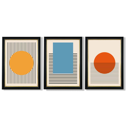 Set aus 3 geometrischen gelb-blau-roten gerahmten Kunstdrucken