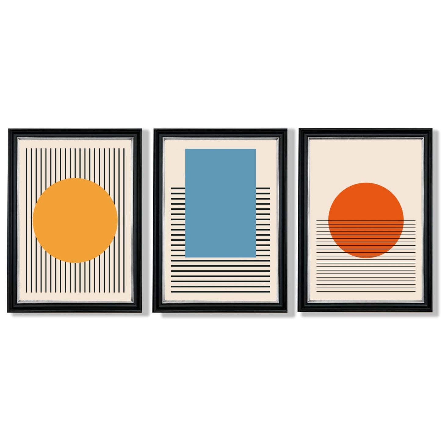 Set aus 3 geometrischen gelb-blau-roten gerahmten Kunstdrucken
