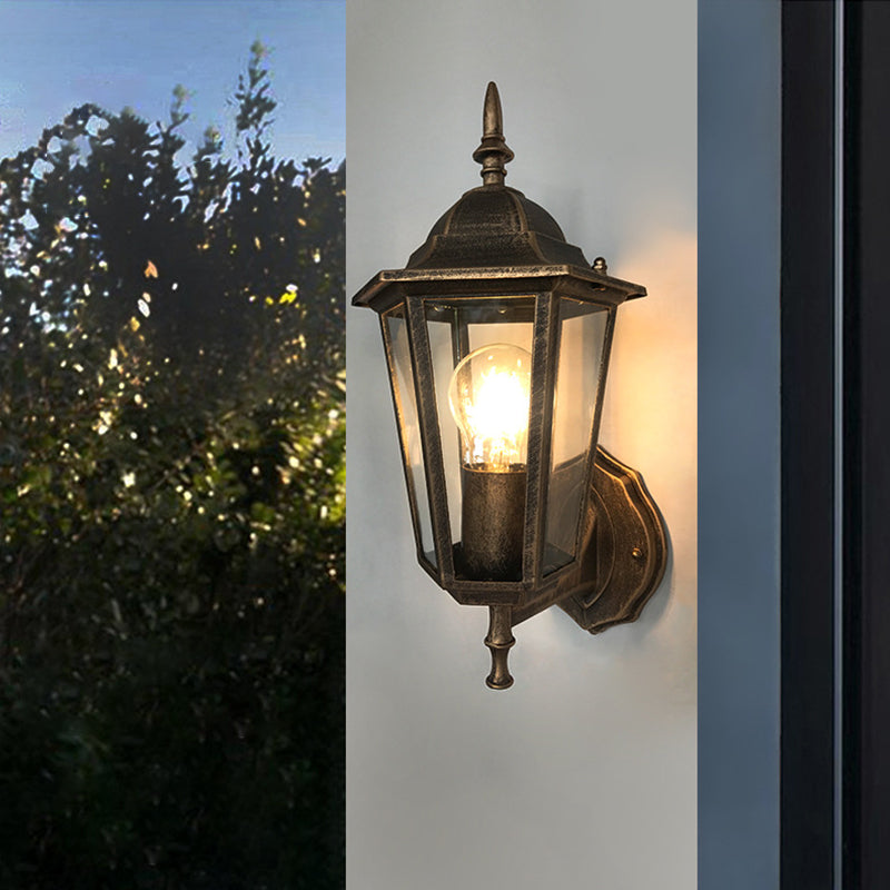 Frendorf | 1-Light Wandlamp Verlichting Platteland Hexagon Helder Glas Wandlamp Fitting in Antiek Messing