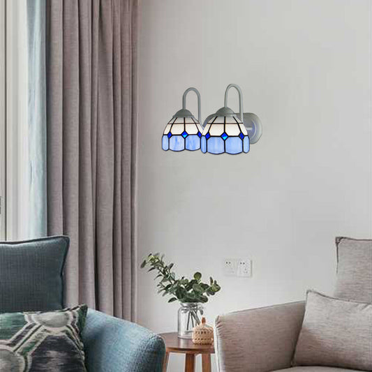 Frendorf | Ruitpatroon Wandlamp Barok Blauw/Oranje Glas 2 Hoofden Witte Wandverlichting