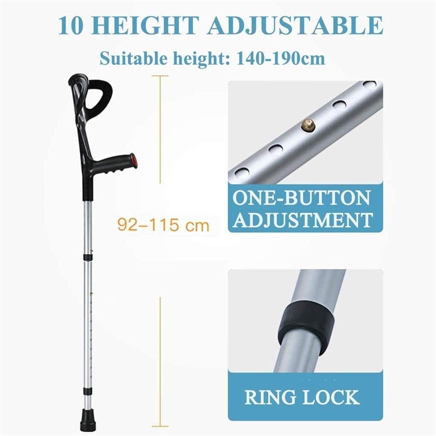 Frendorf | 2×Erwachsenen Unterarmkrücken, faltbare Gehhilfen, verstellbare Krücken, ergonomische Griffe, rutschfeste Gummikappen, für Höhen von 140-190 cm