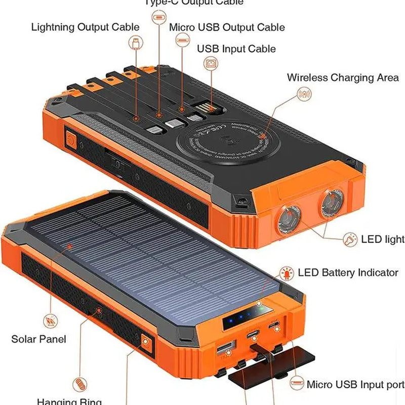 Frendorf | ChargePro Solar Powerbank | Kabelloses Ladegerät | 15W Schnellladefunktion | 6 Ausgänge | Integrierte Kabel | Tragbar & Wasserdicht