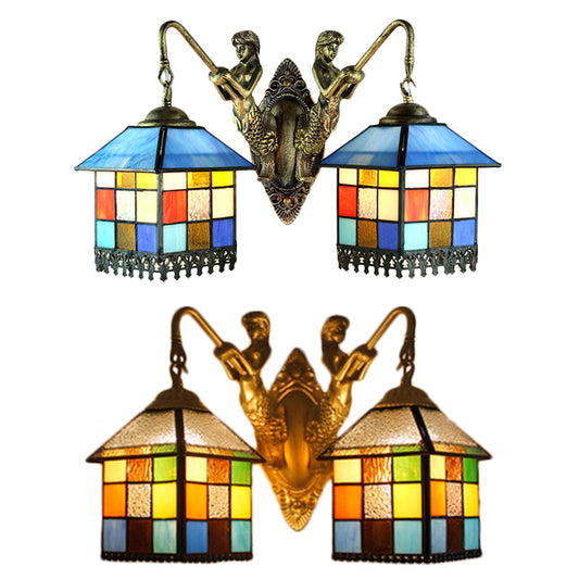 Frendorf | Haus Wandlicht-Tiffany Mehrfarben Buntglas 2 Köpfe Klar/Blau Wandleuchte